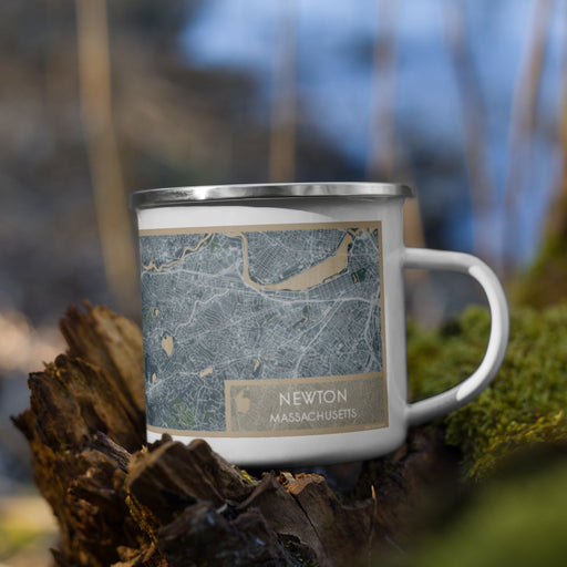 Right View Custom Newton Massachusetts Map Enamel Mug in Afternoon on Grass With Trees in Background