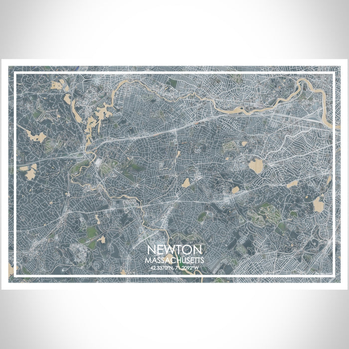 Newton Massachusetts Map Print Landscape Orientation in Afternoon Style With Shaded Background