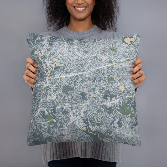 Person holding 18x18 Custom Newton Massachusetts Map Throw Pillow in Afternoon