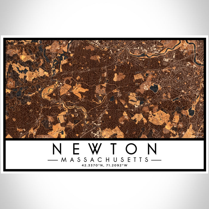 Newton Massachusetts Map Print Landscape Orientation in Ember Style With Shaded Background