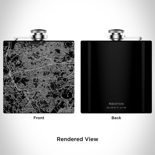 Rendered View of Newton Massachusetts Map Engraving on 6oz Stainless Steel Flask in Black