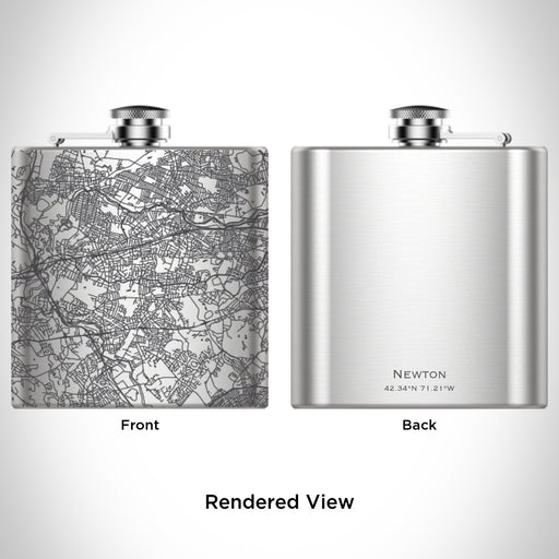 Rendered View of Newton Massachusetts Map Engraving on 6oz Stainless Steel Flask