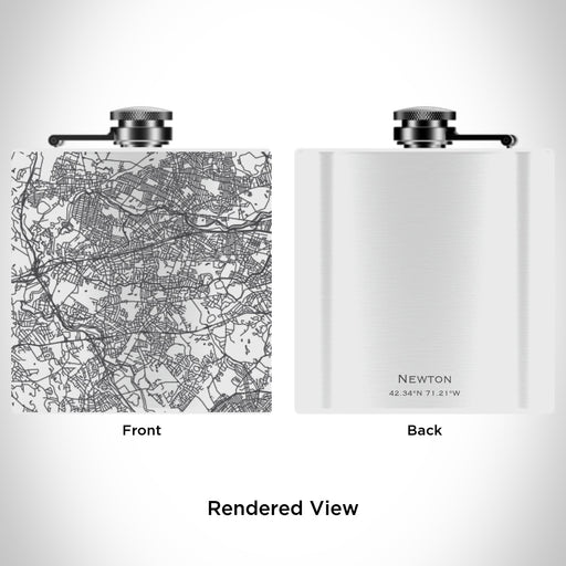 Rendered View of Newton Massachusetts Map Engraving on 6oz Stainless Steel Flask in White