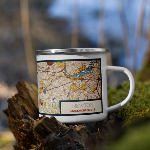 Right View Custom Newton Massachusetts Map Enamel Mug in Woodblock on Grass With Trees in Background