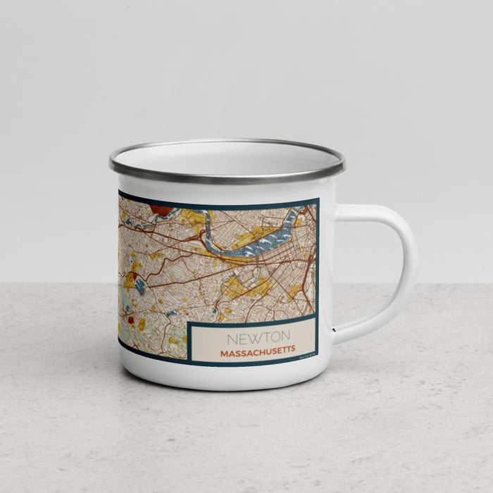 Right View Custom Newton Massachusetts Map Enamel Mug in Woodblock