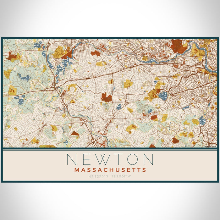 Newton Massachusetts Map Print Landscape Orientation in Woodblock Style With Shaded Background