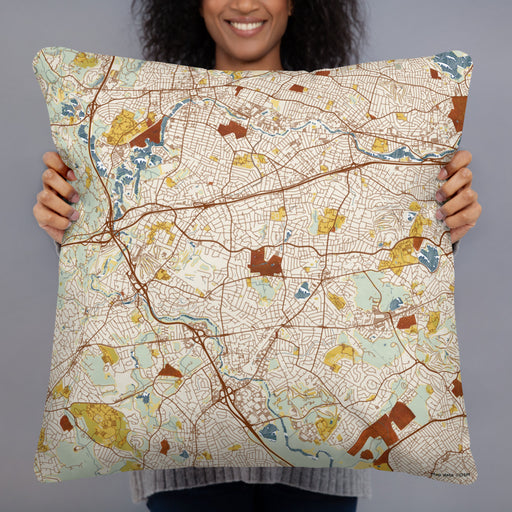 Person holding 22x22 Custom Newton Massachusetts Map Throw Pillow in Woodblock