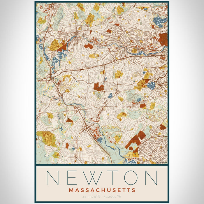 Newton Massachusetts Map Print Portrait Orientation in Woodblock Style With Shaded Background