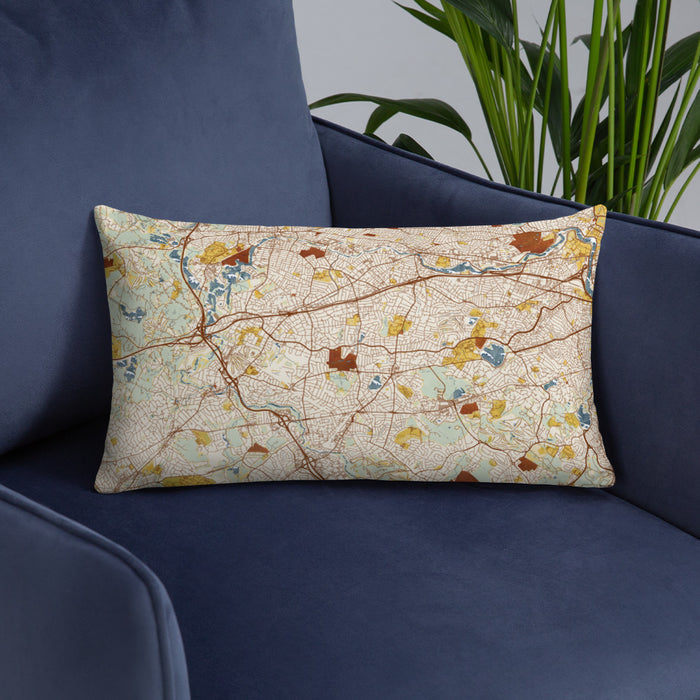 Custom Newton Massachusetts Map Throw Pillow in Woodblock on Blue Colored Chair