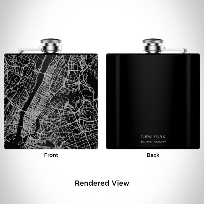 Rendered View of New York New York Map Engraving on 6oz Stainless Steel Flask in Black