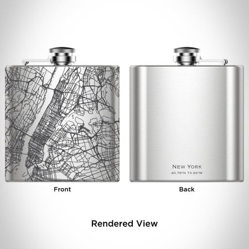 Rendered View of New York New York Map Engraving on 6oz Stainless Steel Flask