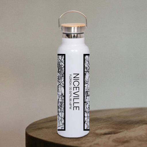 Niceville Florida Custom City Map Inscription Coordinates on 20oz Stainless Steel Insulated Bottle with Bamboo Top in Matte White with printed Tactile Lines Map in Black