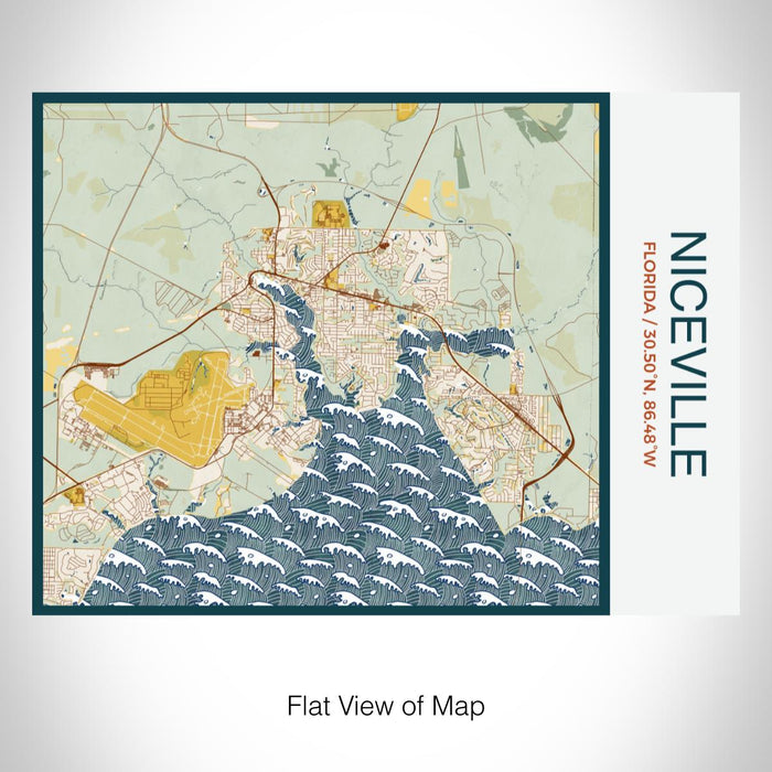 Rendered View of Niceville Florida Map on 20oz Stainless Steel Insulated Bottle with Bamboo Top with printed woodblock style map