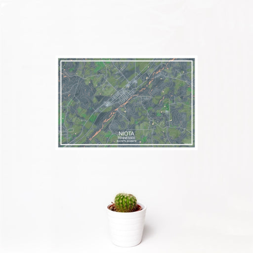 12x18 Niota Tennessee Map Print Landscape Orientation in Afternoon Style With Small Cactus Plant in White Planter