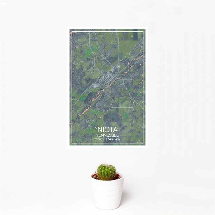 12x18 Niota Tennessee Map Print Portrait Orientation in Afternoon Style With Small Cactus Plant in White Planter