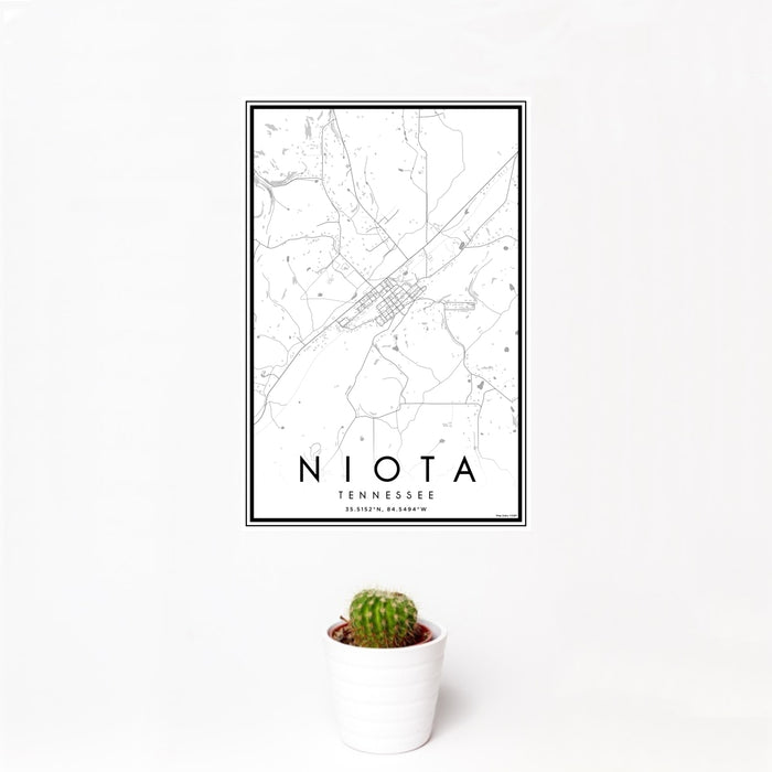 12x18 Niota Tennessee Map Print Portrait Orientation in Classic Style With Small Cactus Plant in White Planter