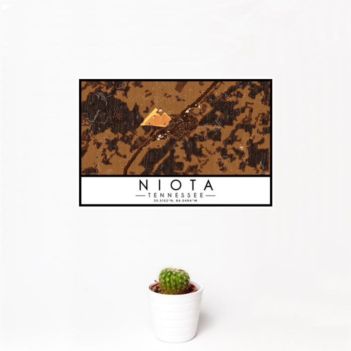12x18 Niota Tennessee Map Print Landscape Orientation in Ember Style With Small Cactus Plant in White Planter