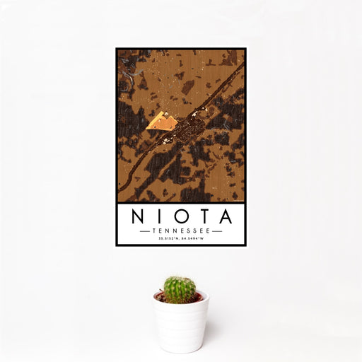 12x18 Niota Tennessee Map Print Portrait Orientation in Ember Style With Small Cactus Plant in White Planter