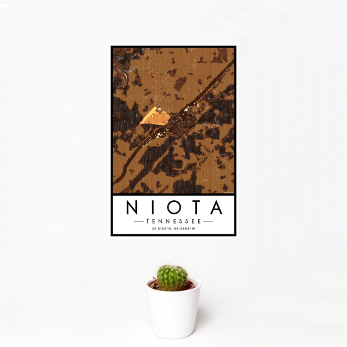 12x18 Niota Tennessee Map Print Portrait Orientation in Ember Style With Small Cactus Plant in White Planter