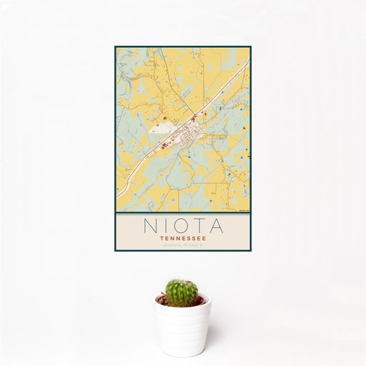 12x18 Niota Tennessee Map Print Portrait Orientation in Woodblock Style With Small Cactus Plant in White Planter