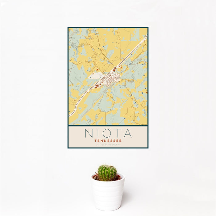 12x18 Niota Tennessee Map Print Portrait Orientation in Woodblock Style With Small Cactus Plant in White Planter