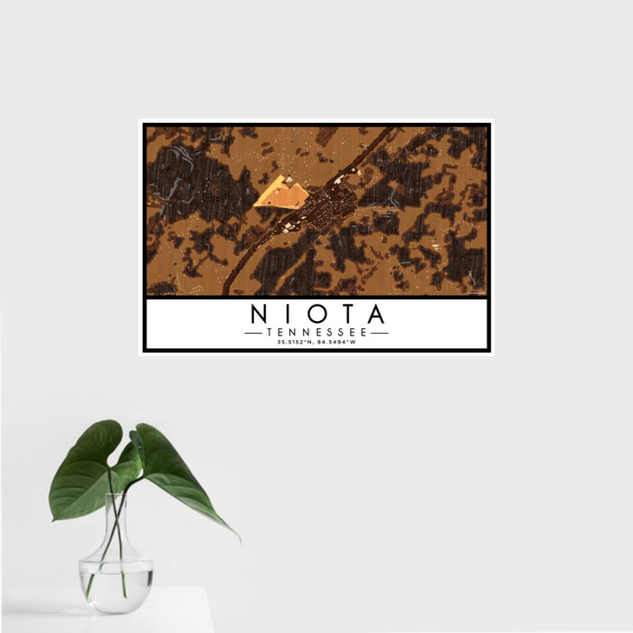 16x24 Niota Tennessee Map Print Landscape Orientation in Ember Style With Tropical Plant Leaves in Water