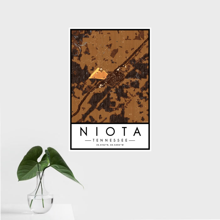16x24 Niota Tennessee Map Print Portrait Orientation in Ember Style With Tropical Plant Leaves in Water