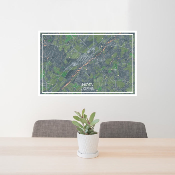 24x36 Niota Tennessee Map Print Landscape Orientation in Afternoon Style Behind 2 Chairs Table and Potted Plant