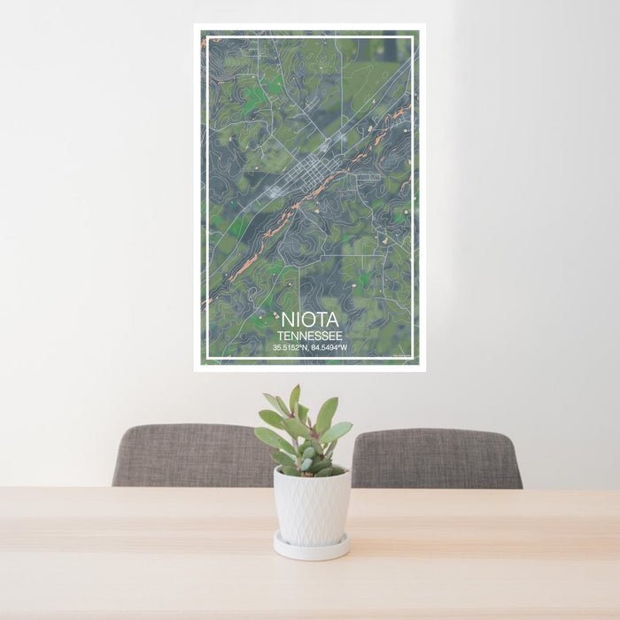 24x36 Niota Tennessee Map Print Portrait Orientation in Afternoon Style Behind 2 Chairs Table and Potted Plant