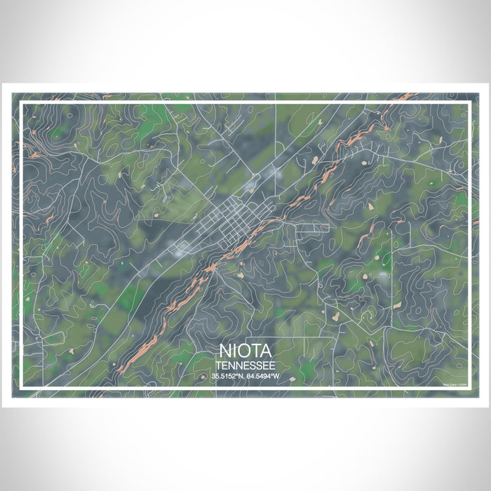 Niota Tennessee Map Print Landscape Orientation in Afternoon Style With Shaded Background