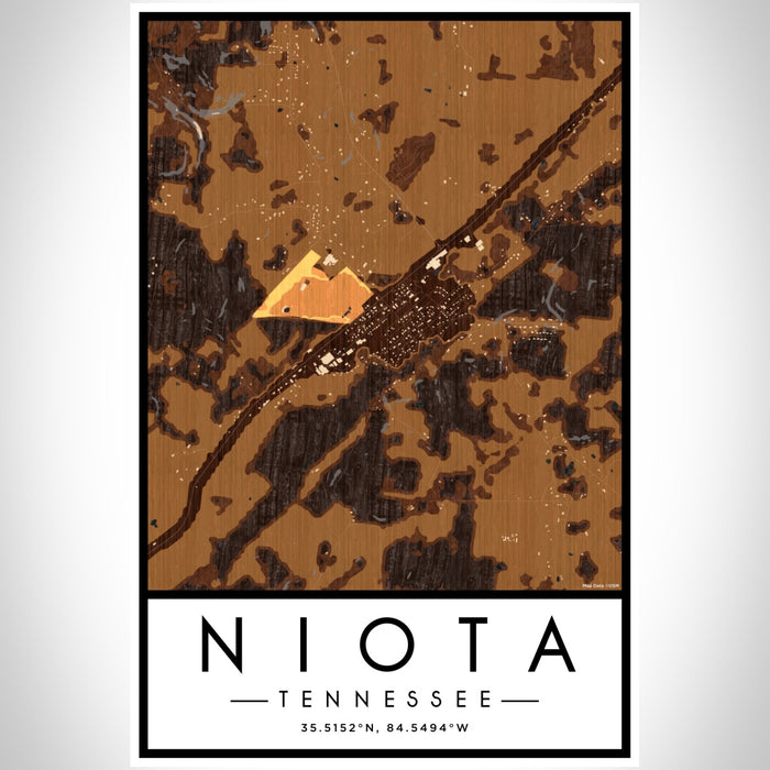 Niota Tennessee Map Print Portrait Orientation in Ember Style With Shaded Background