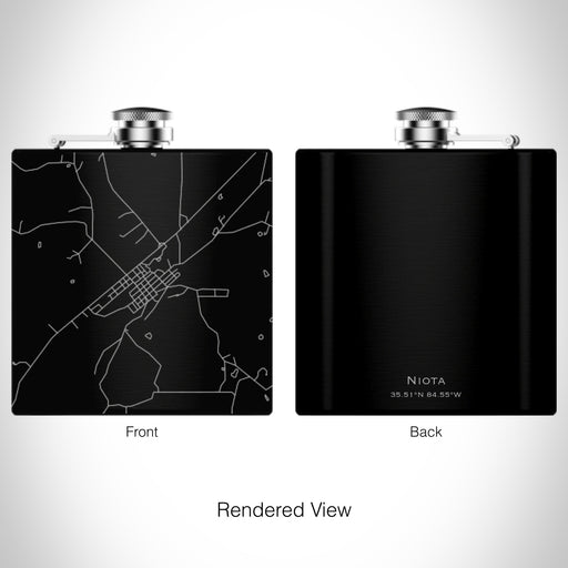 Rendered View of Niota Tennessee Map on 6oz Stainless Steel Flask in Black