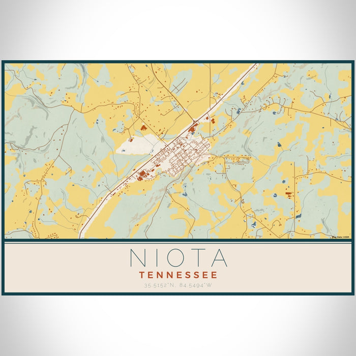 Niota Tennessee Map Print Landscape Orientation in Woodblock Style With Shaded Background