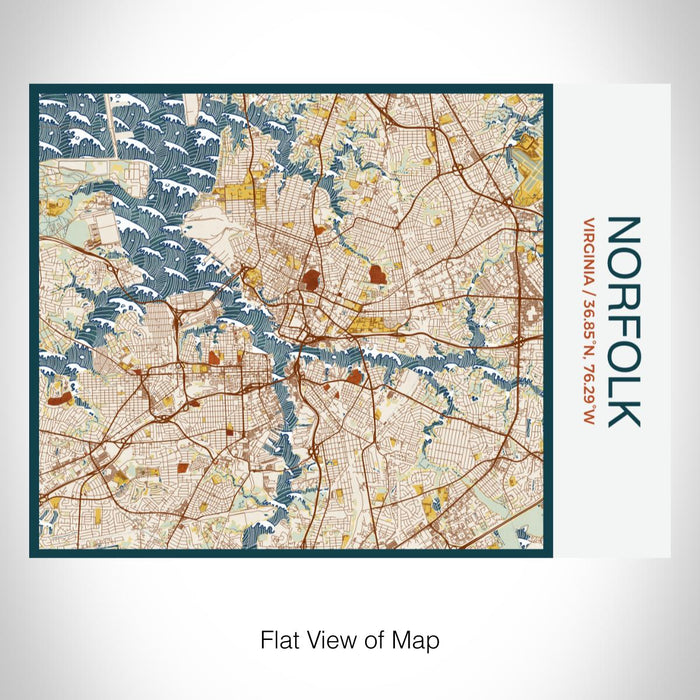 Rendered View of Norfolk Virginia Map on 20oz Stainless Steel Insulated Bottle with Bamboo Top with printed woodblock style map