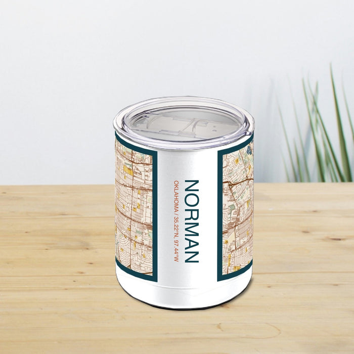 Norman Oklahoma Custom City Map Inscription Coordinates on 10oz Stainless Steel Insulated Cup in Woodblock with Sliding Lid