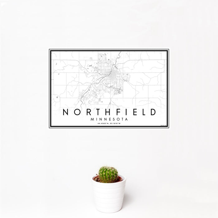 12x18 Northfield Minnesota Map Print Landscape Orientation in Classic Style With Small Cactus Plant in White Planter