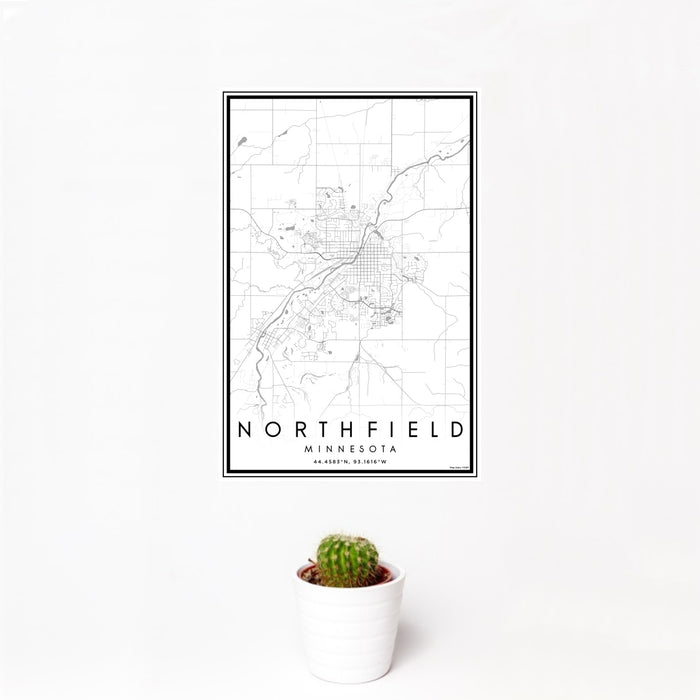 12x18 Northfield Minnesota Map Print Portrait Orientation in Classic Style With Small Cactus Plant in White Planter