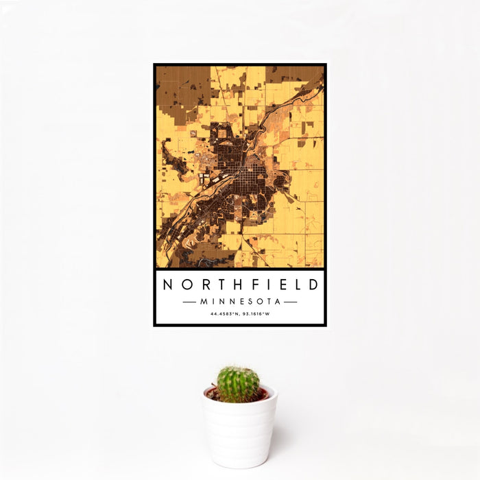 12x18 Northfield Minnesota Map Print Portrait Orientation in Ember Style With Small Cactus Plant in White Planter