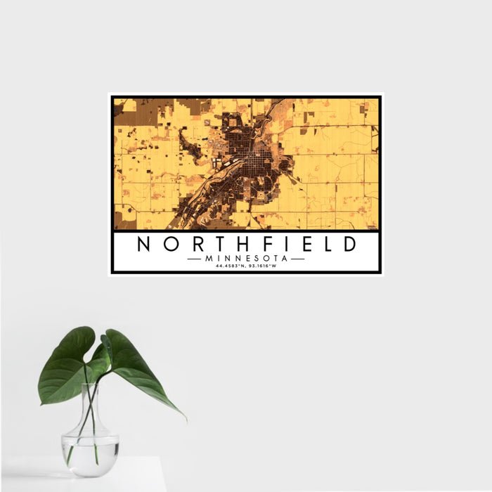 16x24 Northfield Minnesota Map Print Landscape Orientation in Ember Style With Tropical Plant Leaves in Water