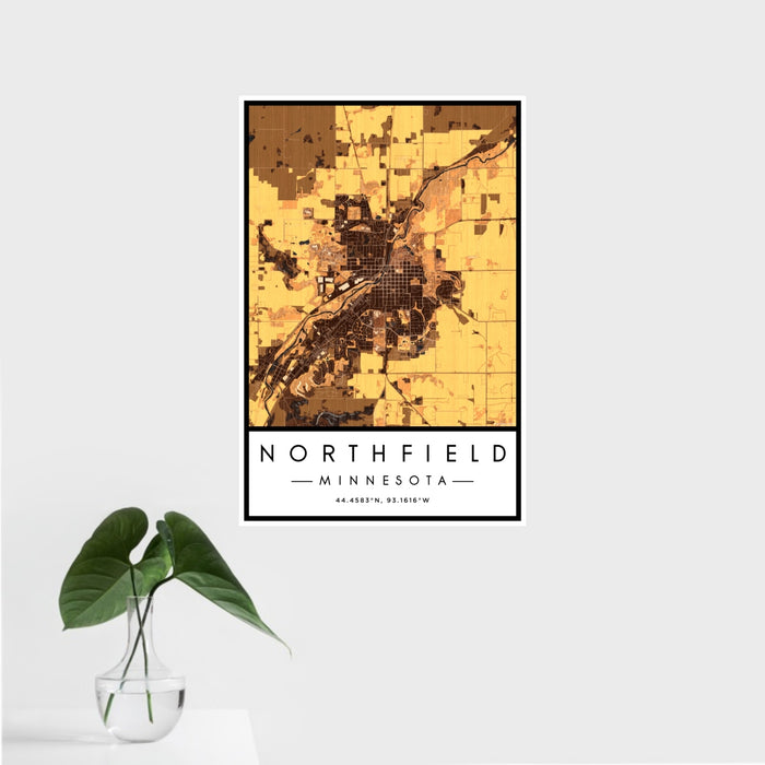 16x24 Northfield Minnesota Map Print Portrait Orientation in Ember Style With Tropical Plant Leaves in Water
