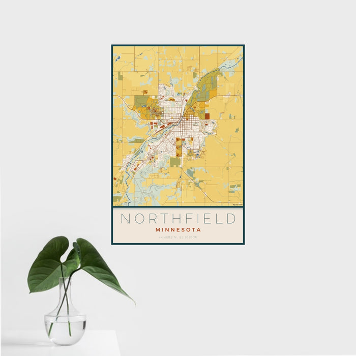 16x24 Northfield Minnesota Map Print Portrait Orientation in Woodblock Style With Tropical Plant Leaves in Water