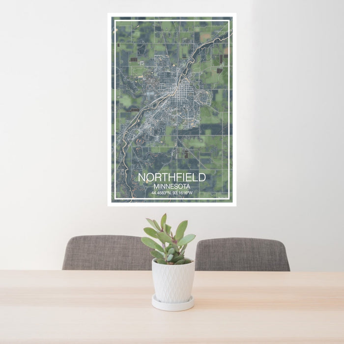 24x36 Northfield Minnesota Map Print Portrait Orientation in Afternoon Style Behind 2 Chairs Table and Potted Plant