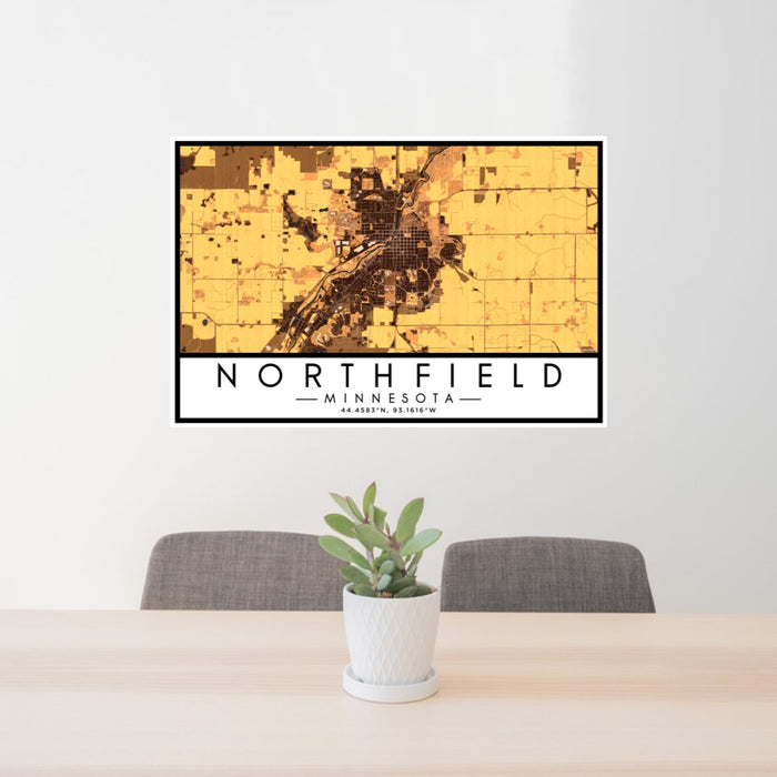24x36 Northfield Minnesota Map Print Lanscape Orientation in Ember Style Behind 2 Chairs Table and Potted Plant