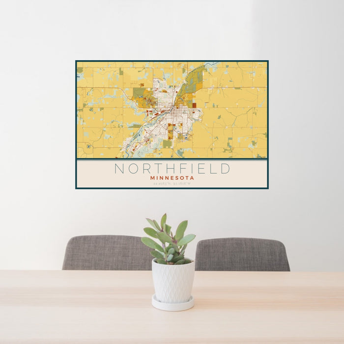 24x36 Northfield Minnesota Map Print Lanscape Orientation in Woodblock Style Behind 2 Chairs Table and Potted Plant