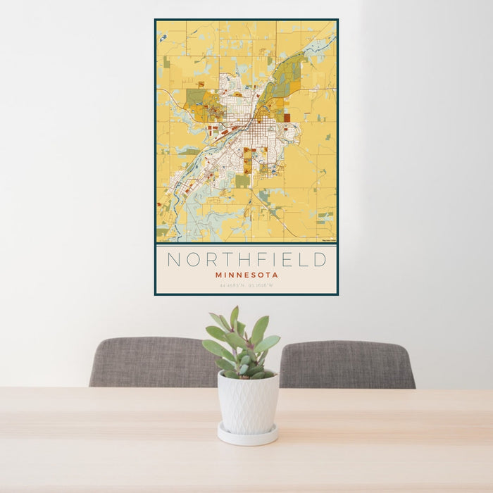 24x36 Northfield Minnesota Map Print Portrait Orientation in Woodblock Style Behind 2 Chairs Table and Potted Plant