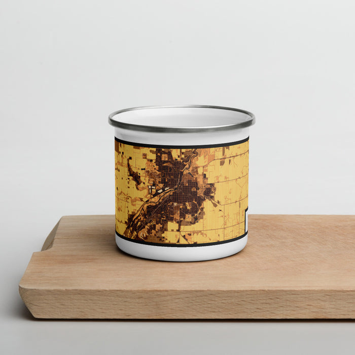 Front View Custom Northfield Minnesota Map Enamel Mug in Ember on Cutting Board