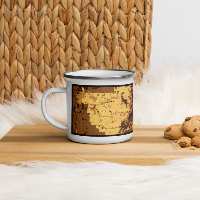 Left View Custom Northfield Minnesota Map Enamel Mug in Ember on Table Top