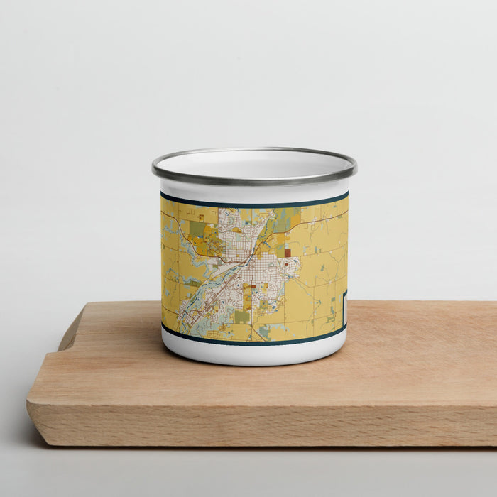 Front View Custom Northfield Minnesota Map Enamel Mug in Woodblock on Cutting Board