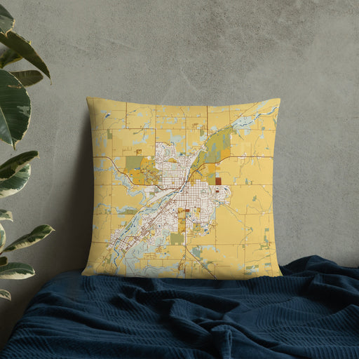 Custom Northfield Minnesota Map Throw Pillow in Woodblock on Bedding Against Wall