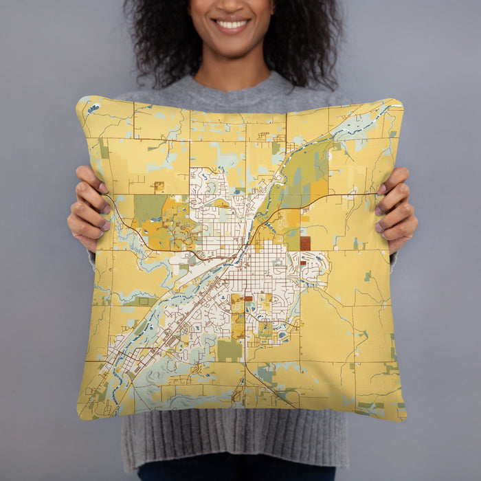Person holding 18x18 Custom Northfield Minnesota Map Throw Pillow in Woodblock